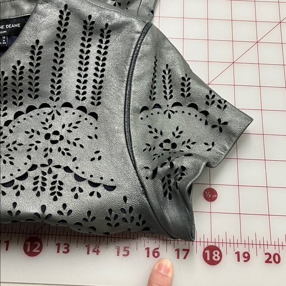 CATHERINE DEANE Modern Leather & Silk Eyelet/Cut Out Gunmetal Party Dress SZ 6 - Picture 15 of 16